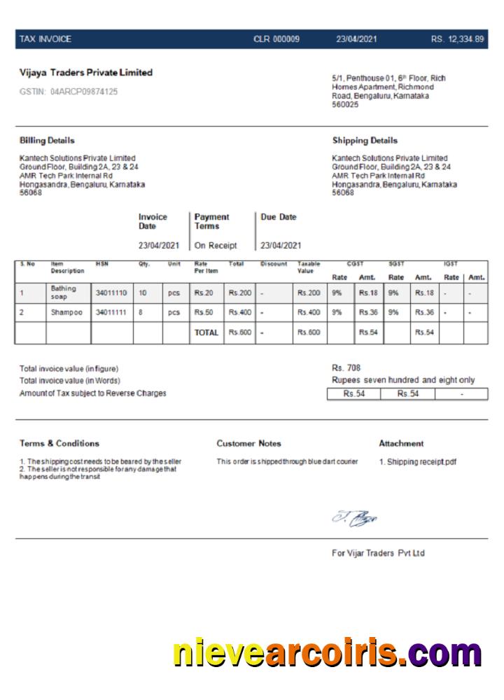 India Vijaya Traders Private Limited Company invoice
